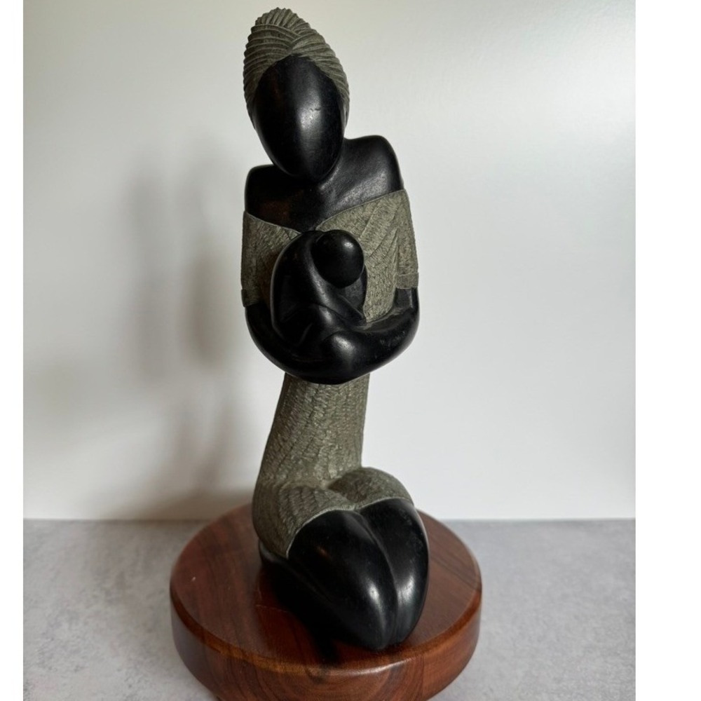 Vintage Haitian Mother and Child Hand Carved Stone Sculpture Signed Heavy